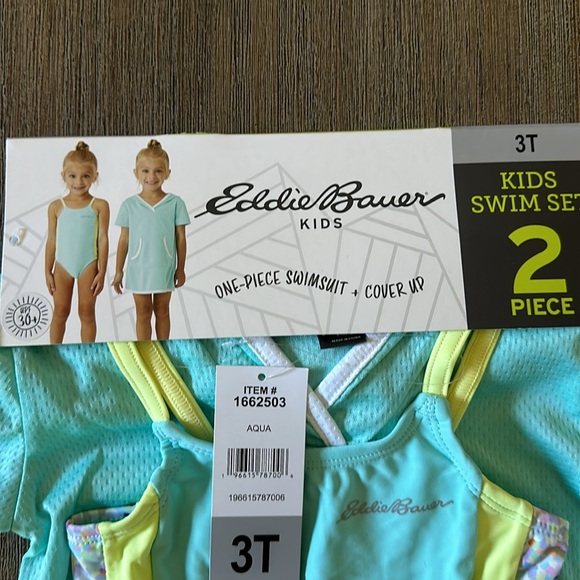 Eddie Bauer Kids One-Piece Turquoise /White/ Yellow Swimsuit Plus Cover Up Nwt - Picture 3 of 8